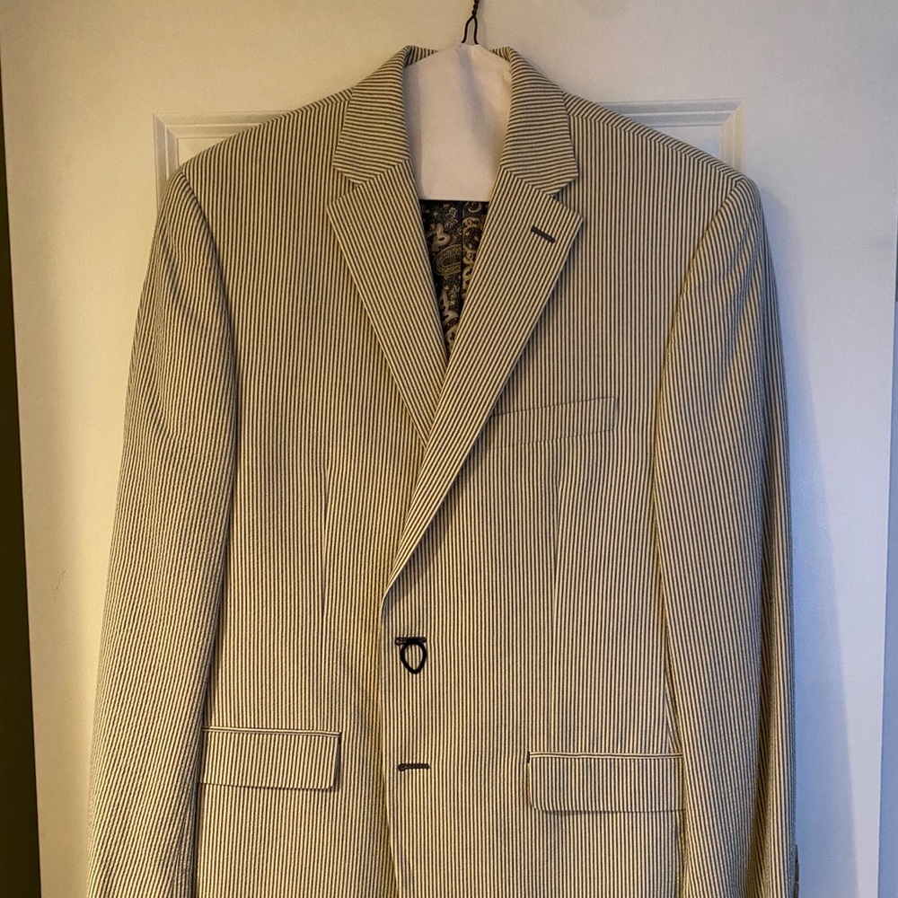 Seersucker suit. Worn once and dry cleaned. Includes dress shirt